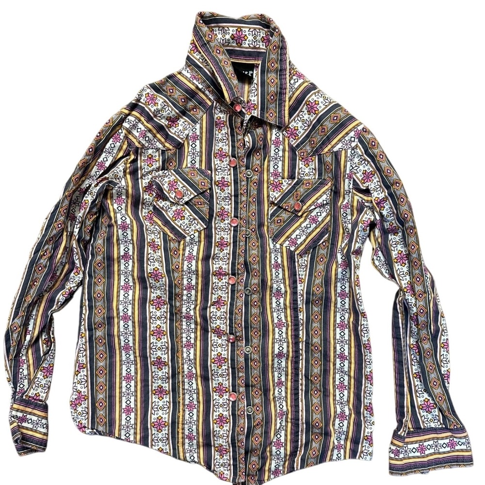 Cruel Girl's Western Shirt Striped Pink Snap Button Long Sleeve‎ Size S/6-7